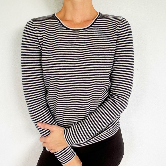 PURE Collection 100% cashmere navy blue gray stripe crewneck sweater size 6 - Picture 1 of 10